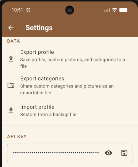 Data export and API key